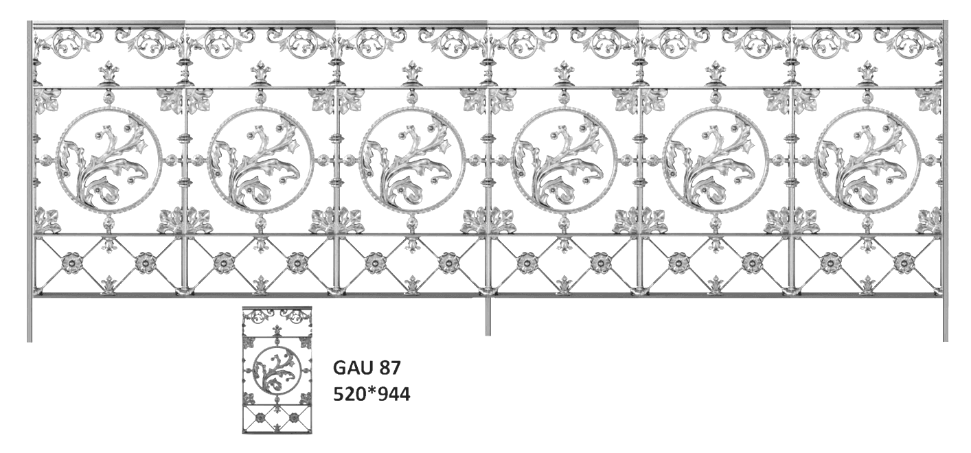 Geländer, kunstvoll gestaltetes Gusseisen-Geländer