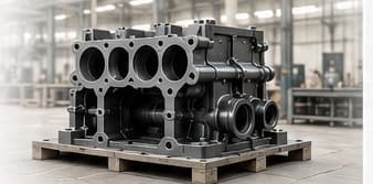 Gusseiserner Motorblock auf einer Palette in der Werkstatt